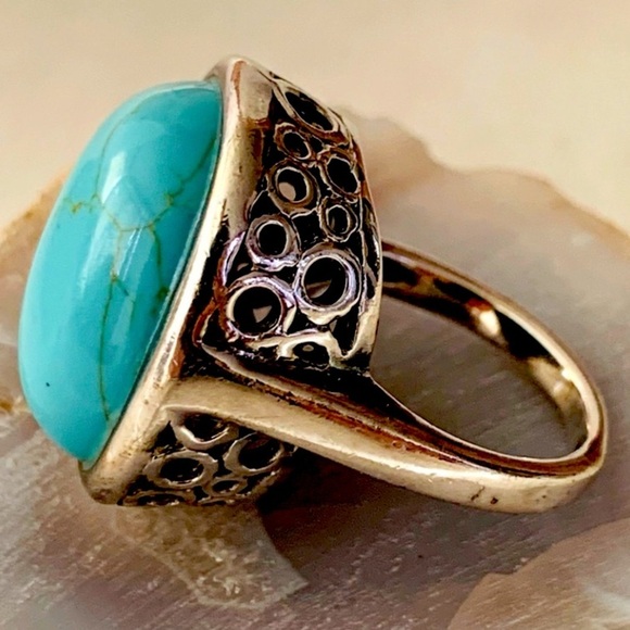 Gorgeous Sterling Silver Turquoise Filigree Circle Ring Size 6 Vintage - Picture 10 of 11